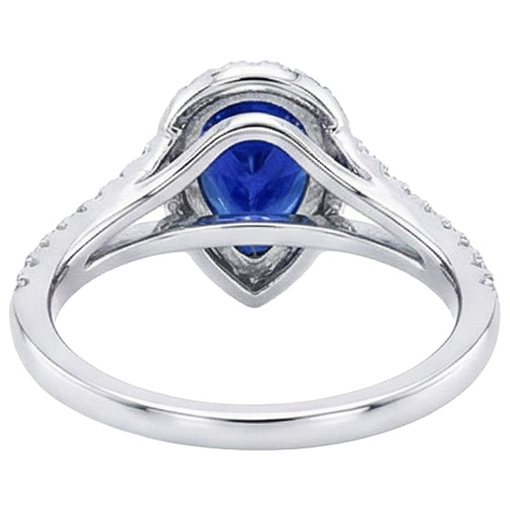 Blue Sapphire Halo Engagement Ring Pear & Natural Earth Mined Diamonds 4.50 Carats