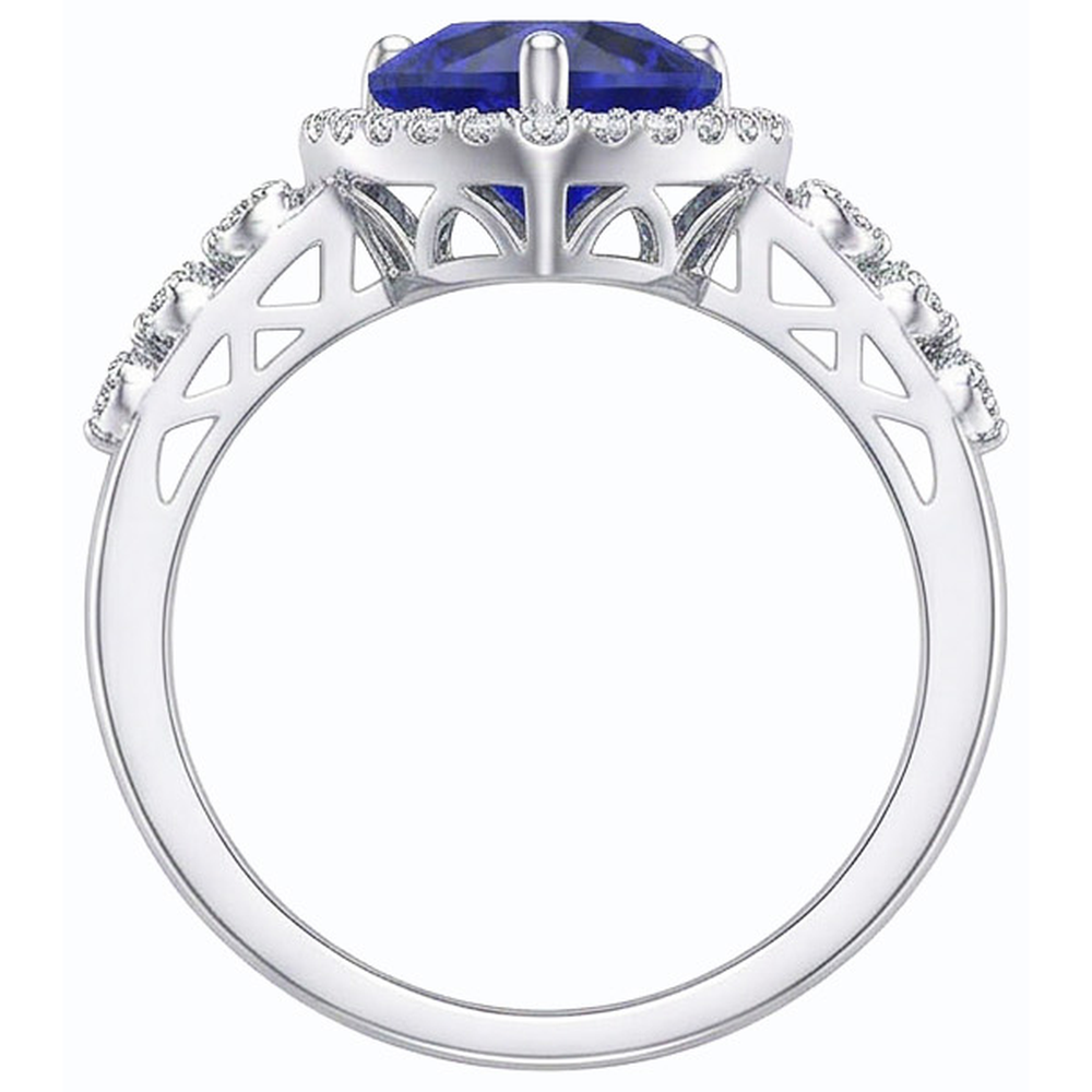 Blue Sapphire Halo Heart Cut Ring & Round Natural Earth Mined Diamonds 3.50 Carats