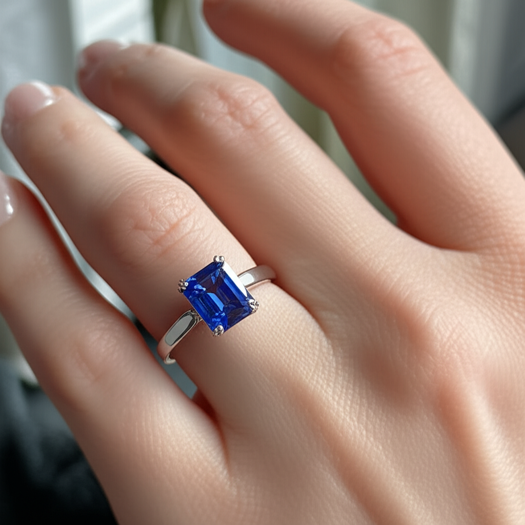 Natural Real ( Not Lab Grown ) Blue Sapphire Solitaire Engagement Emerald Ring 2 Carats Prong Set