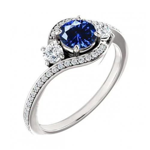 Blue Ceylon Sapphire And Diamond Ring White Gold 14K