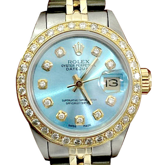 Blue Diamond Dial Bezel Rolex Ladies Watch Date Just Ss & Gold