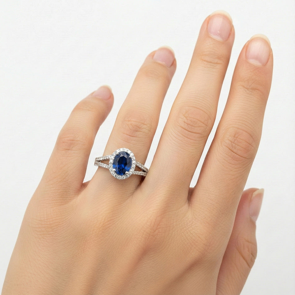 Blue Oval Kashmir Sapphire And Natural Earth Mined Diamond Ring White Gold 14K