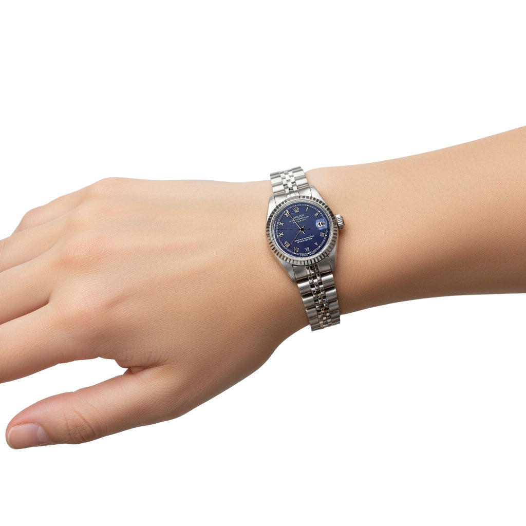 Blue Roman Dial Fluted Bezel Ladies Date Just Rolex Watch Ss P2