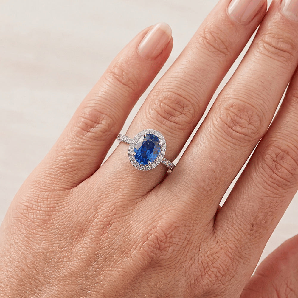 Ceylon Blue Sapphire Halo Natural Earth Mined Diamond Ring 14K White Gold Oval 2.15 Ct.