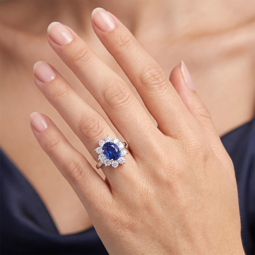Ceylon Sapphire And Natural Earth Mined Diamonds 3.50 Ct Ring White Gold 14K