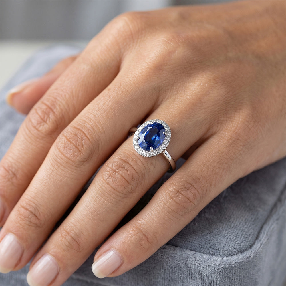 Ceylon Sapphire Oval With Natural Earth Mined Diamonds Ring 3 Ct White Gold 14K