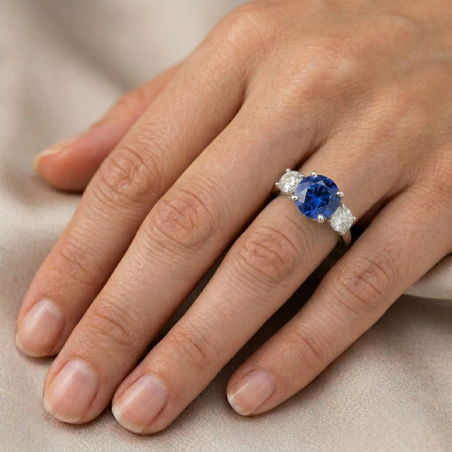 Ceylon Blue Sapphire Natural Earth Mined Diamond 3 Stone Ring White Gold 14K 3.5 Carats