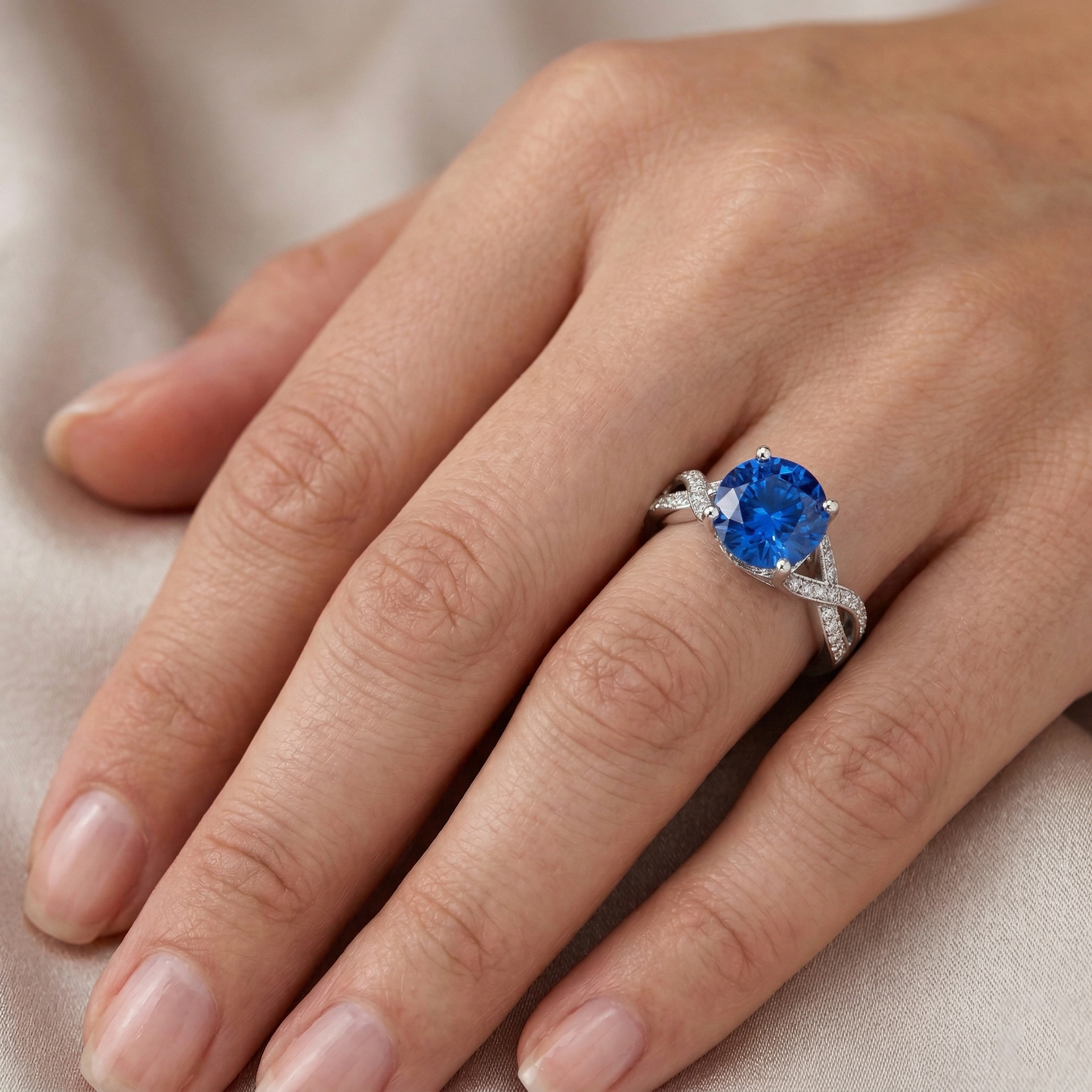 Ceylon Sapphire And Round Natural Earth Mined Diamonds 3 Ct Ring White Gold 14K