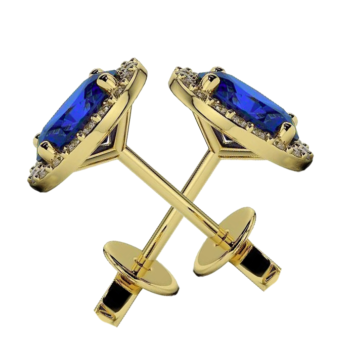 Ceylon Sapphire Halo Natural Earth Mined Diamond Stud Earring 4.80 Carat Yellow Gold 14K