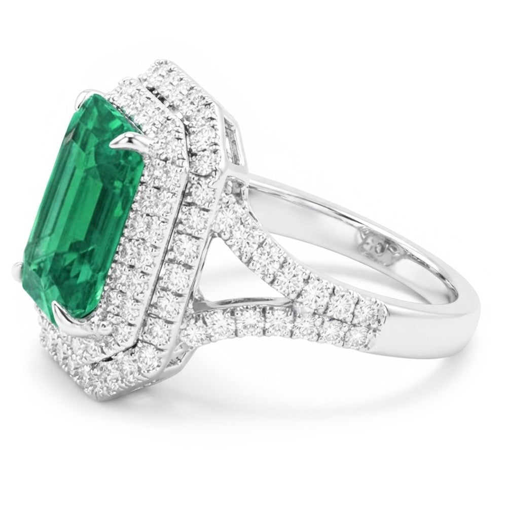Colombian Green Emerald And Natural Earth Mined Diamonds 11.75 Carats Anniversary Ring White Gold 14K