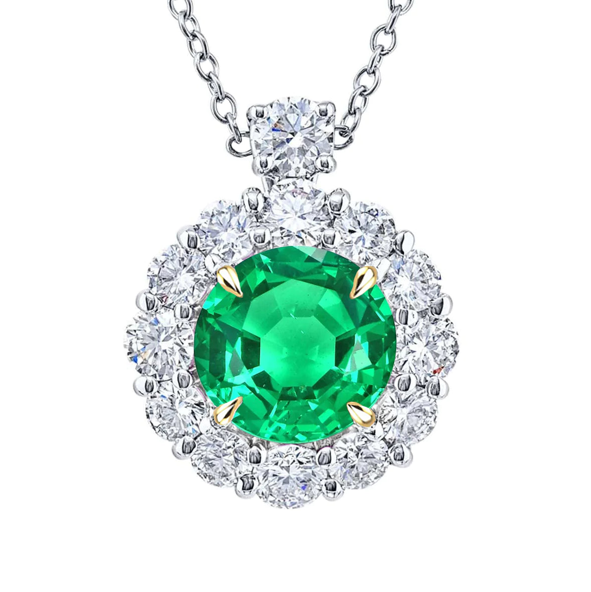 Columbian Green Emerald Halo Diamond Pendant For Women
