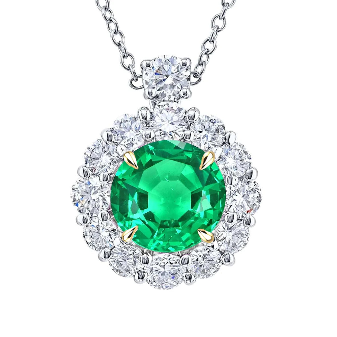 Columbian Green Emerald Halo Diamond Pendant For Women