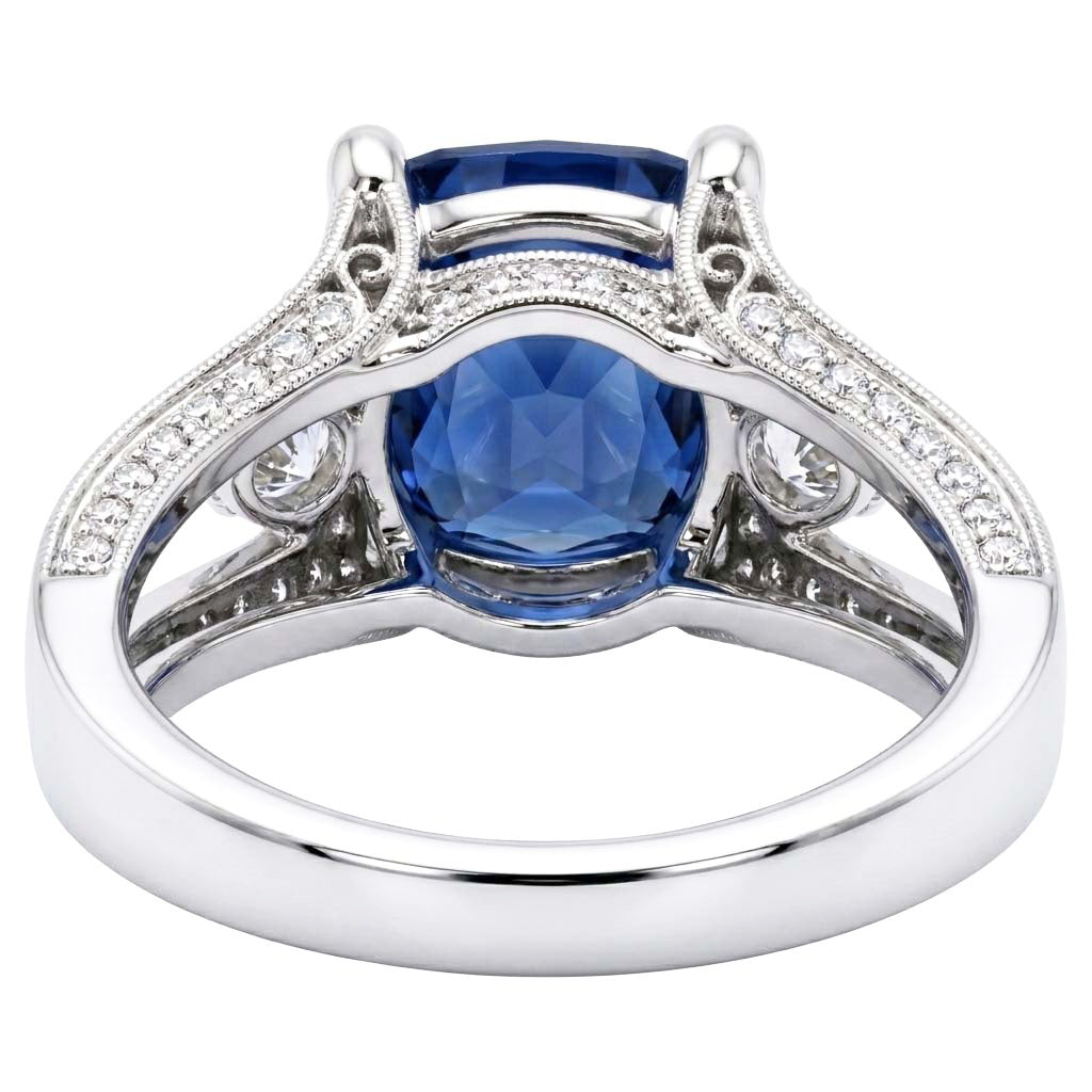 Cushion And Round Cut 5.40 Ct Sri Lankan Sapphire And Natural Earth Mined Diamonds Ring