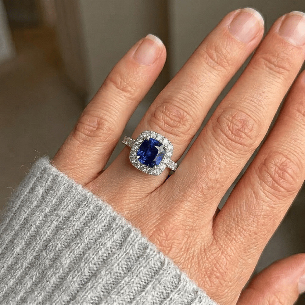 Cushion Ceylon Blue Sapphire With Natural Earth Mined Diamonds 2.50 Ct. Ring