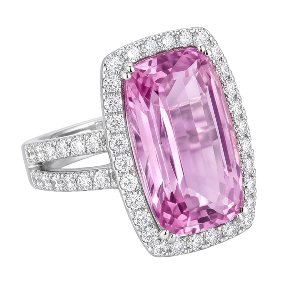 Cushion Cut Pink Kunzite 24.50 Ct Natural Earth Mined Diamond Ring White Gold Lady Jewelry
