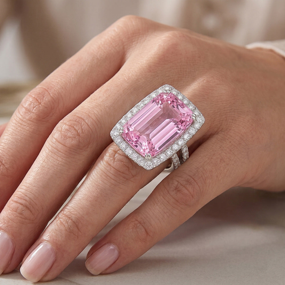Cushion Cut Pink Kunzite 24.50 Ct Natural Earth Mined Diamond Ring White Gold Lady Jewelry