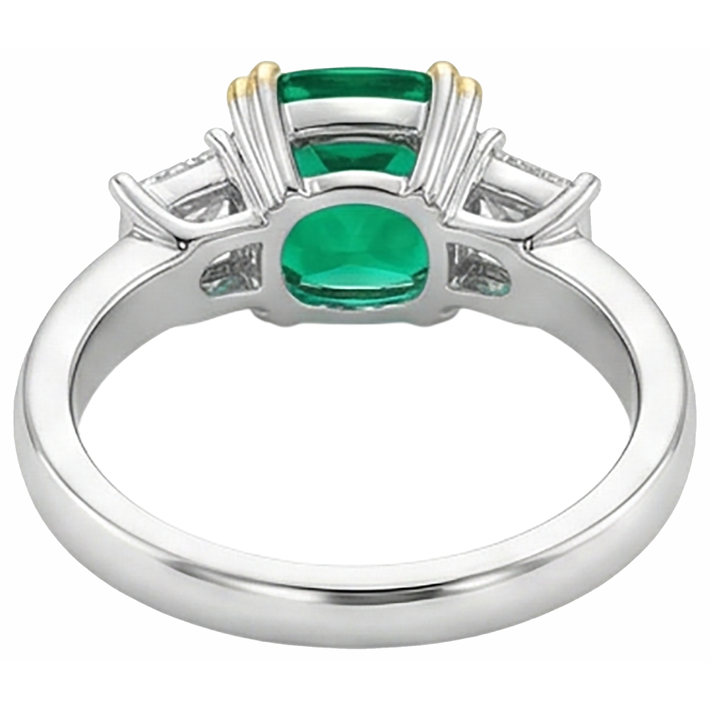 Cushion Diamond Real Green Emerald GIA Ring 3 Stone