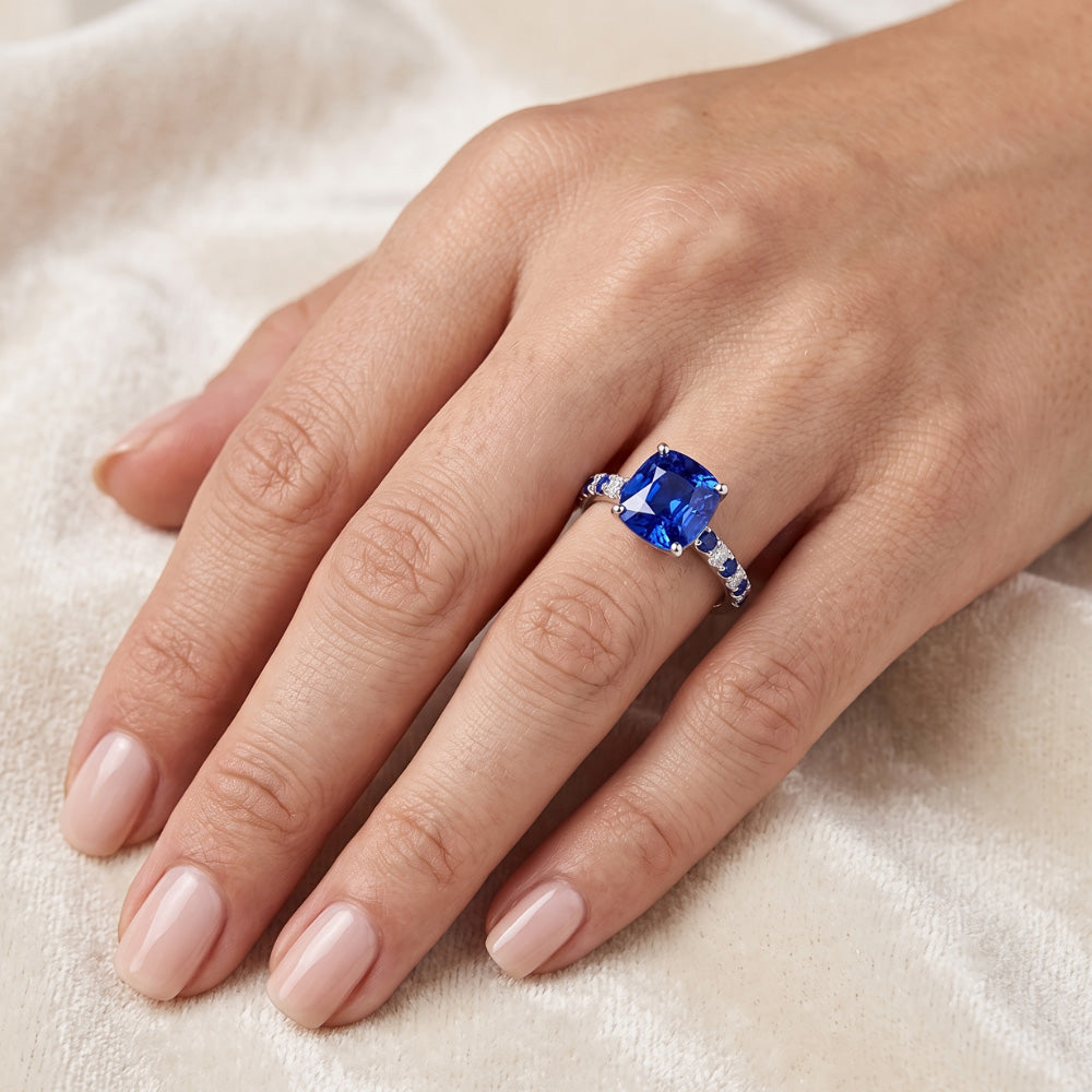 Cushion Gemstone Ring Round Blue Sapphire & Natural Earth Mined Diamonds 2.50 Carats