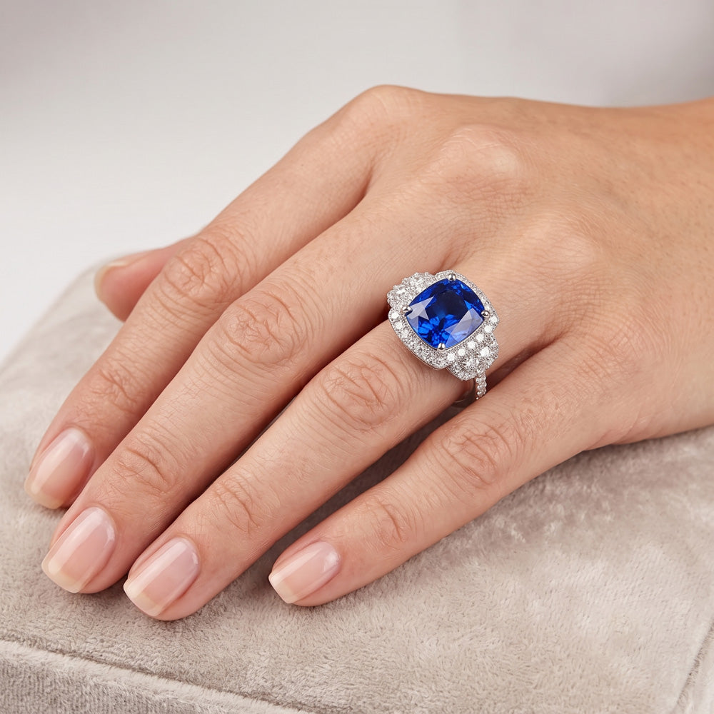 Cushion Halo Blue Sapphire Ring White Gold 14K Natural Earth Mined Diamonds 5 Carats