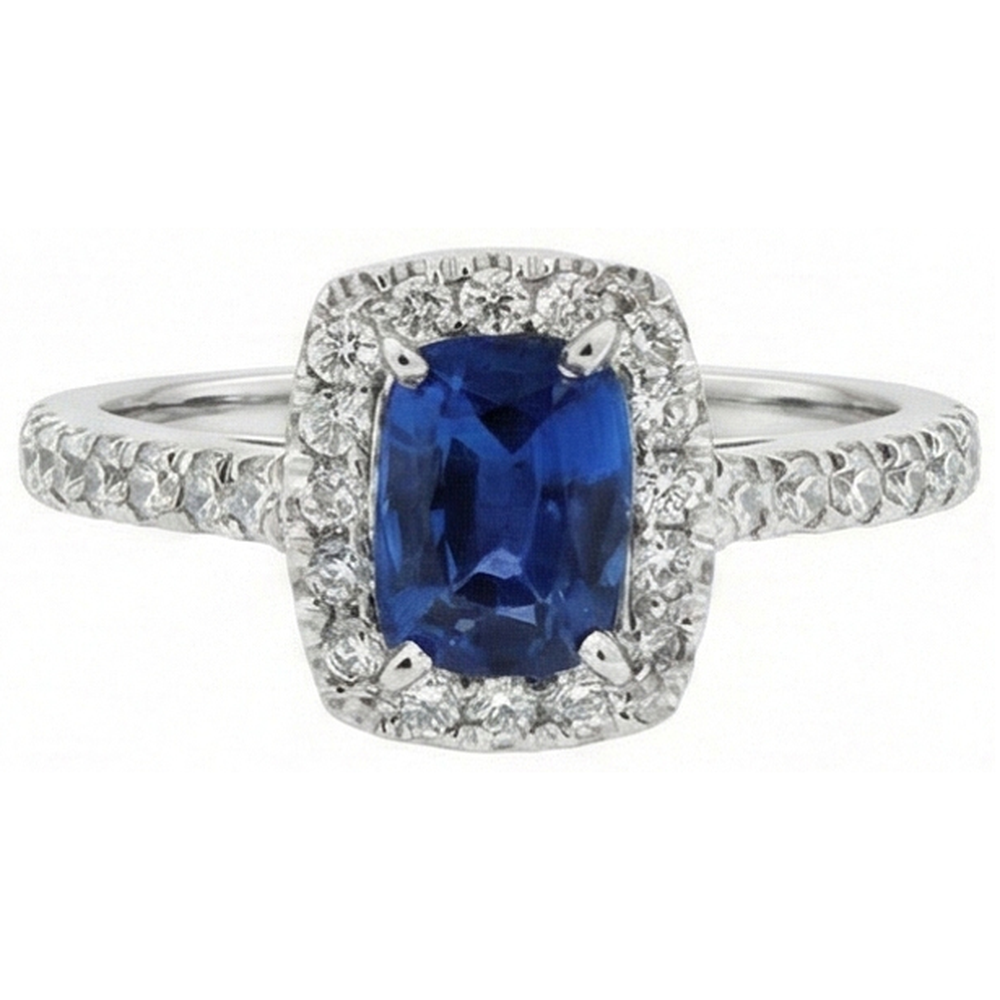 Cushion Kashmir Sapphire With Round Natural Earth Mined Diamond 3.90 Ct. Ring White Gold 14K