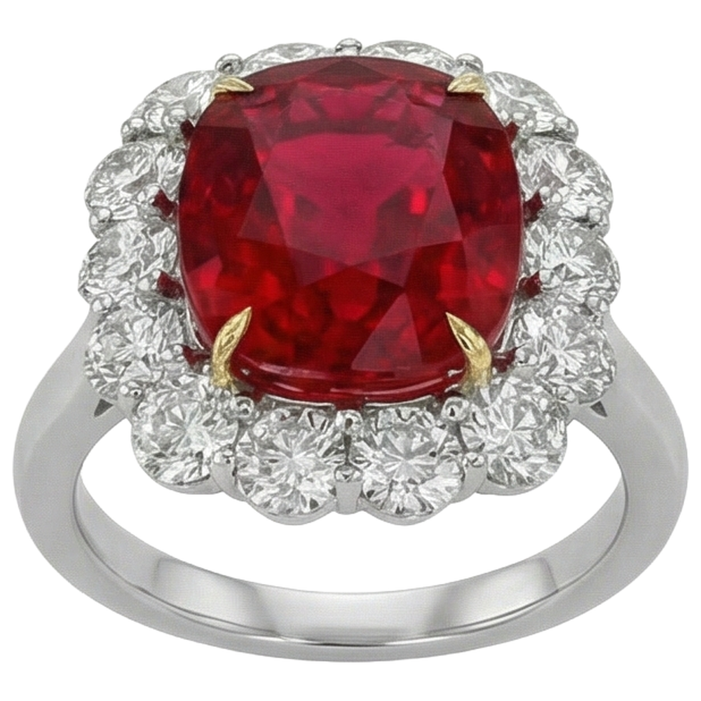 Cushion Ruby And Round Natural Earth Mined Diamonds 7 Carats Anniversary Ring