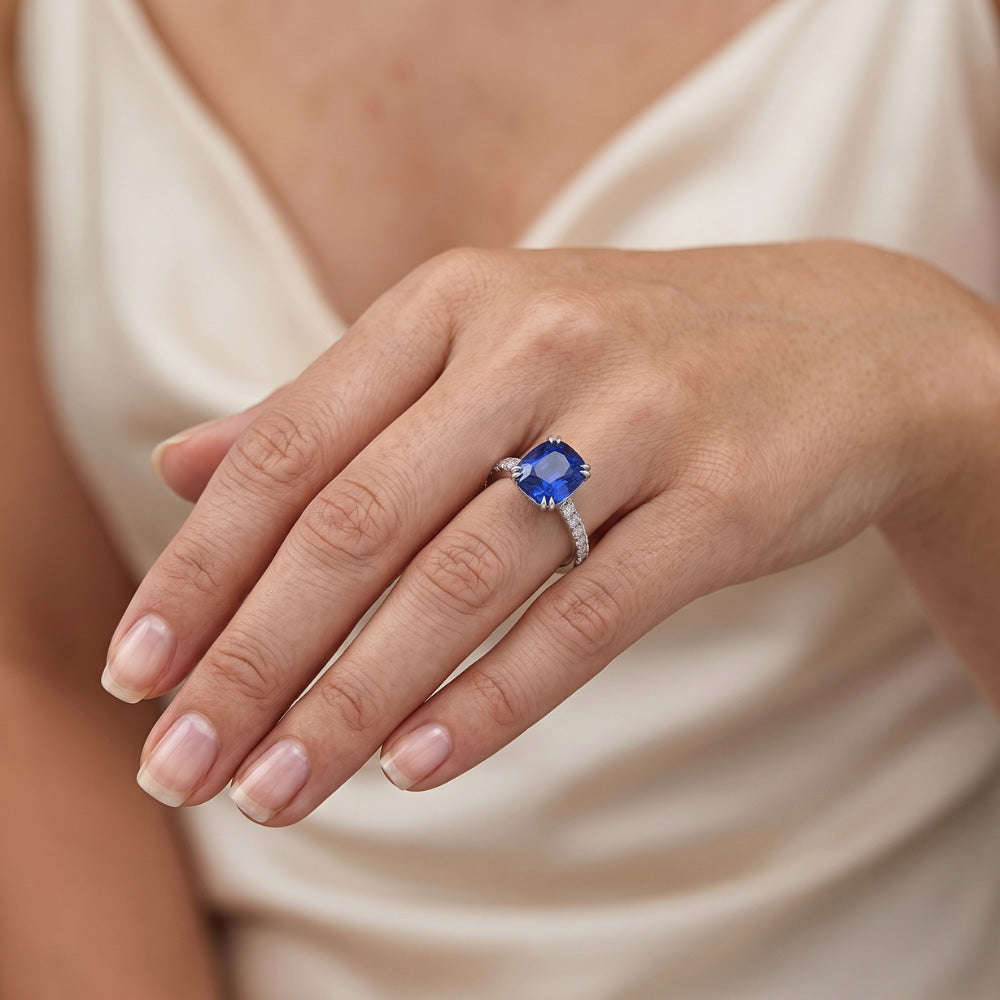 Cushion Sapphire Gemstone Ring 3.50 Carats Double Prong Natural Earth Mined Diamonds