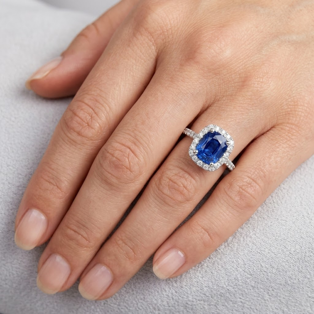 Cushion Ceylon Sapphire Natural Earth Mined Diamond Ring Gold Jewelry 3 Ct