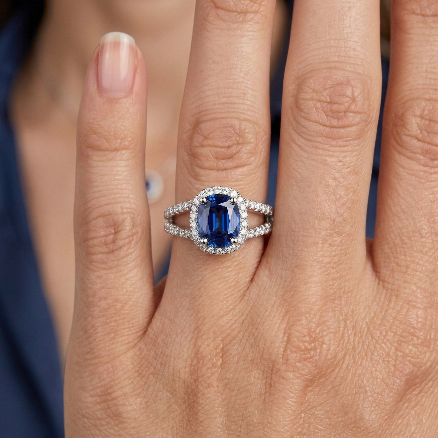 Cushion Sri Lanka Sapphire Round Halo Natural Earth Mined Diamonds Ring 4.75 Ct