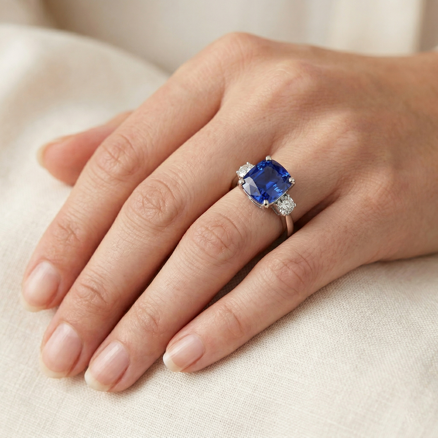 Cushion Sri Lankan Sapphire Natural Earth Mined Diamond 3 Stone Ring 2.75 Carats