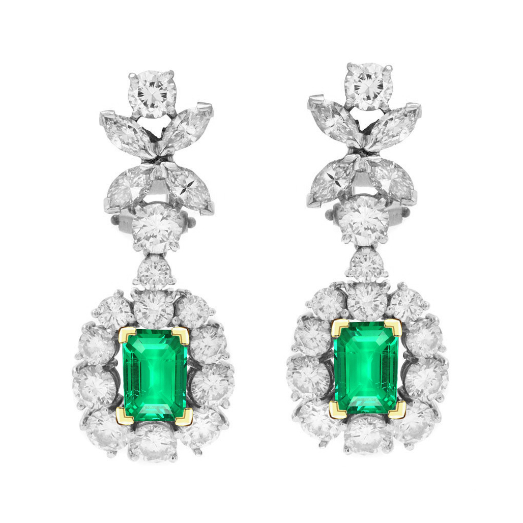 Designer Diamond Dangle Earrings Natural Colombian Green Emerald Fine Jewelry