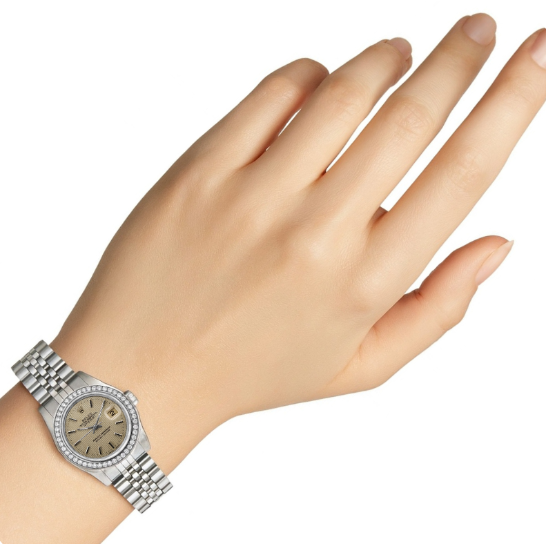 Diamond Bezel Ss Tapestry Stick Dial Rolex Ladies Datejust Watch P2