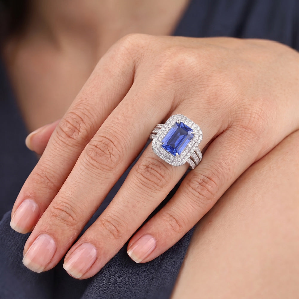 Double Halo Engagement Ring Radiant Sapphire 6 Carats Natural Earth Mined Diamonds