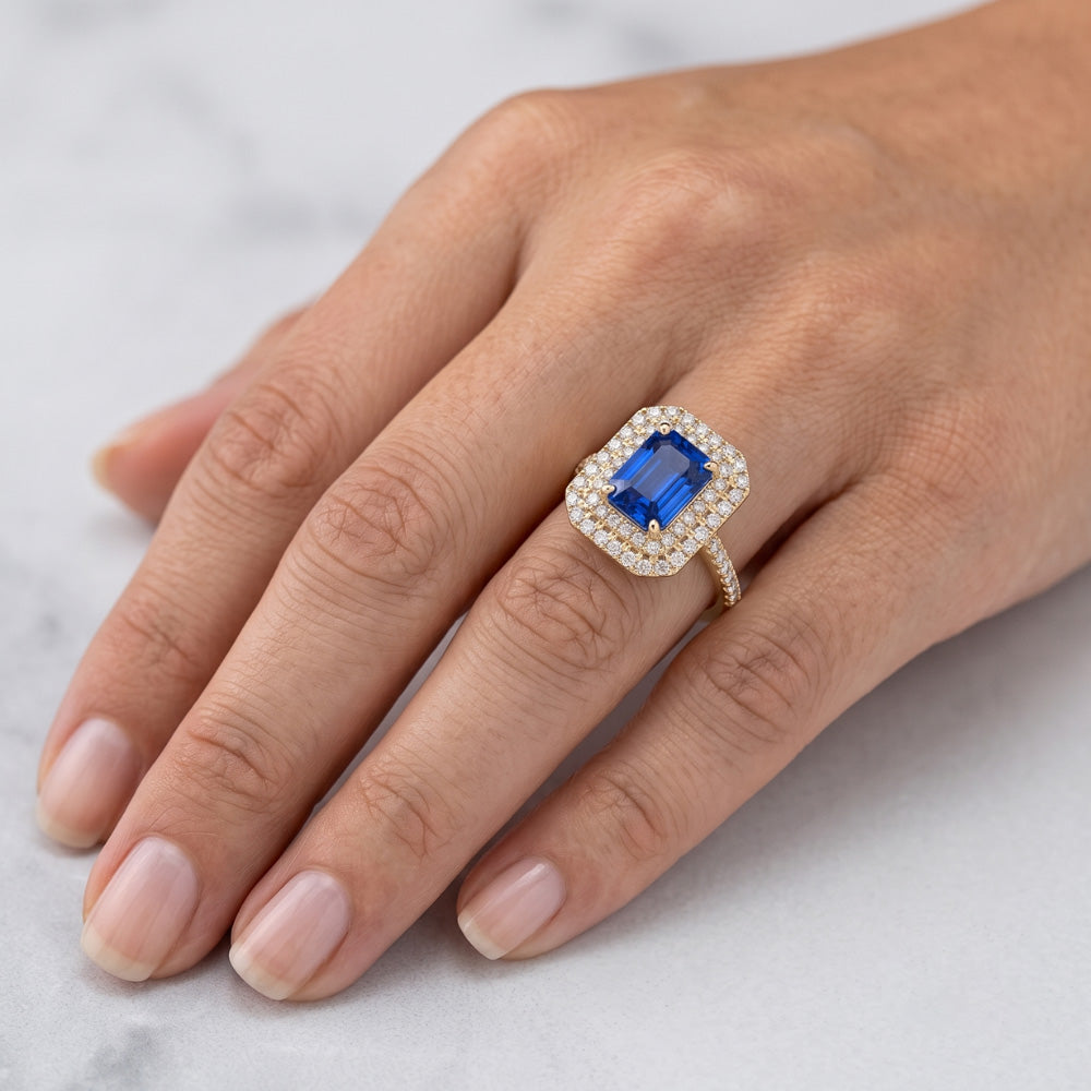 Double Halo Natural Earth Mined Diamond Ceylon Sapphire Ring 3.50 Carats Women Yellow Gold