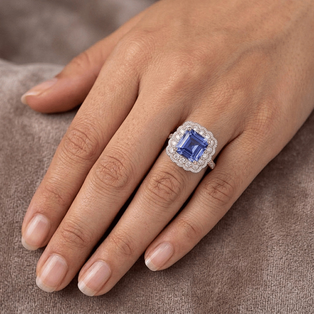 Double Halo Natural Earth Mined Diamond Engagement Ring 5 Carats Asscher Ceylon Sapphire