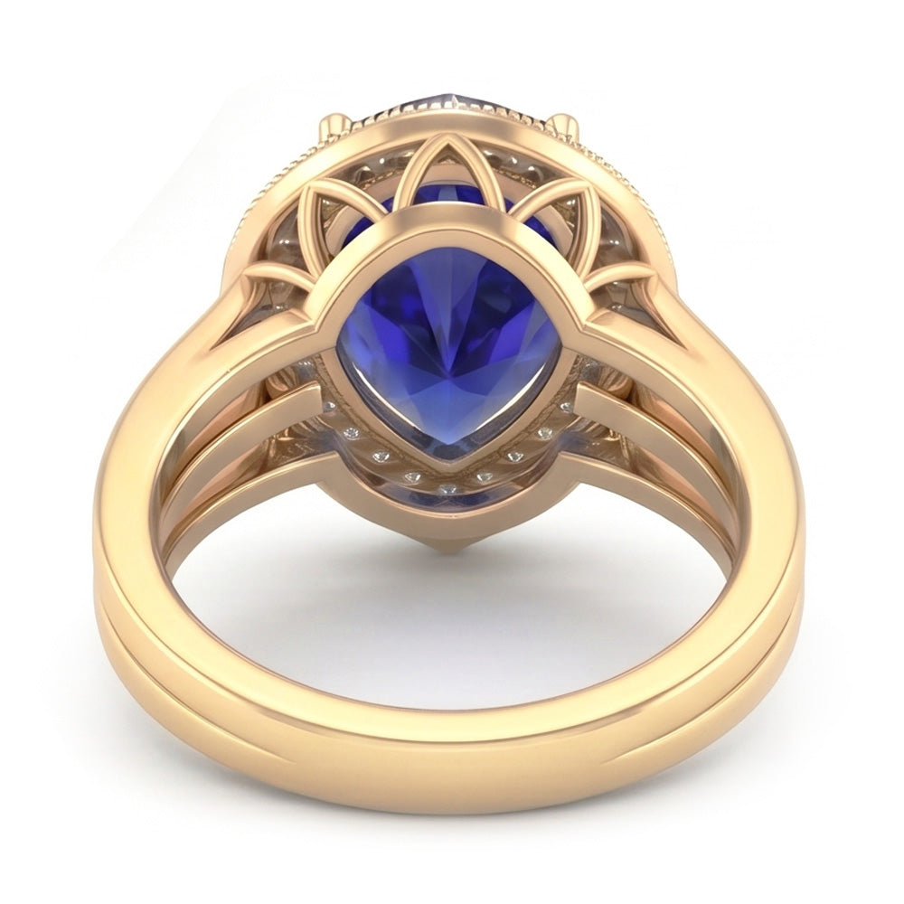 Double Halo Ring Triple Shank Ceylon Sapphire & Natural Earth Mined Diamonds 4 Carats