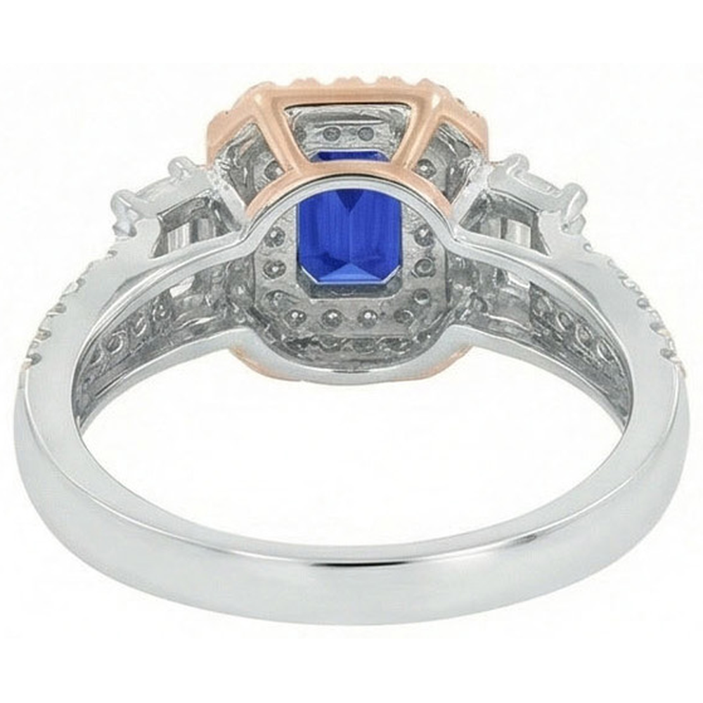 Double Halo Two Tone Blue Sapphire Ring Emerald & Natural Earth Mined Diamonds 4 Carats