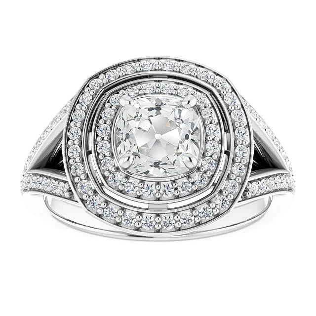 Double Halo Cushion Old Cut Diamond Ring Split Shank 5.50 Carats