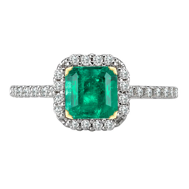 Elegant Green Emerald Wedding Ring Two Tone Gold V-Prong Set