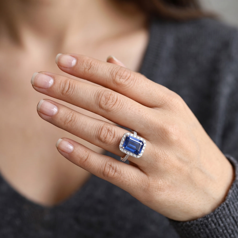 Emerald Cut Blue Sapphire Halo Ring with Natural Earth Mined Diamond 4.25 Carats
