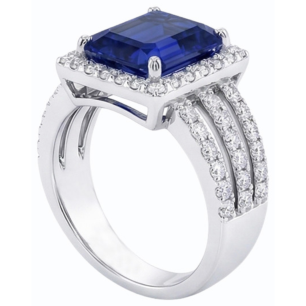 Emerald Halo Srilanka Sapphire Ring Triple Shank Natural Earth Mined Diamonds 5.50 Carats