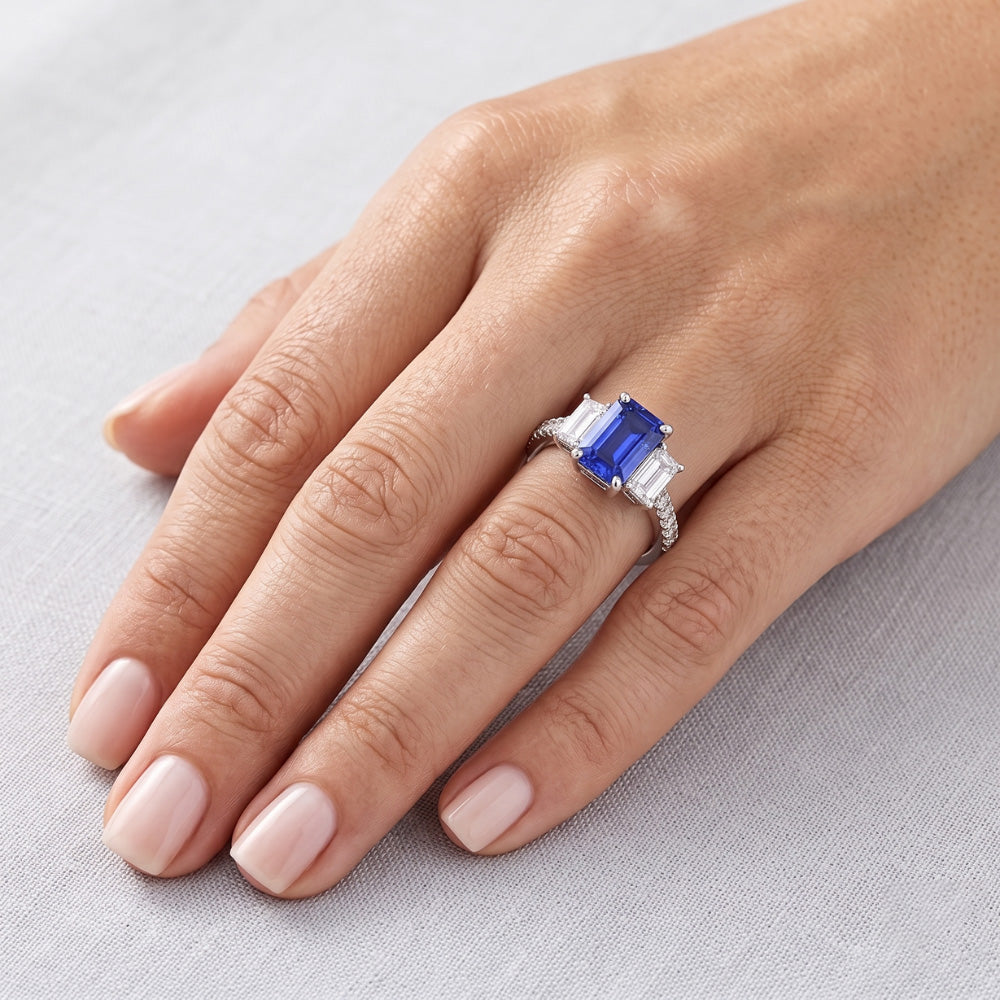 Emerald Natural Earth Mined Diamond Radiant Blue Sapphire Ring 3 Carats White Gold 14K