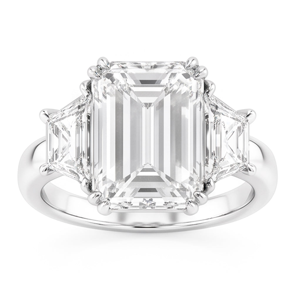 Emerald Trapezoid Big Natural Real Diamond ( Not Lab Grown ) Three Stone Ring 9 Carats