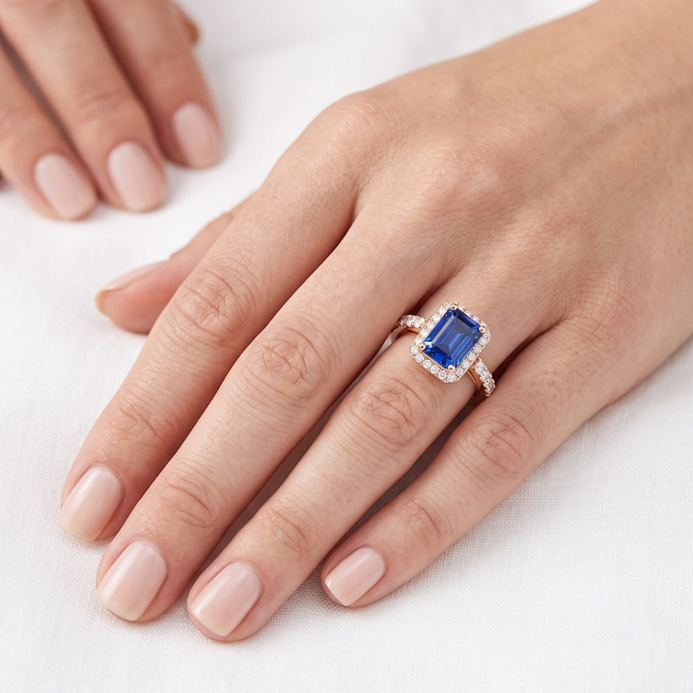 Emerald & Round Natural Earth Mined Diamond Halo Ring Blue Sapphire 3.50 Carats Rose Gold