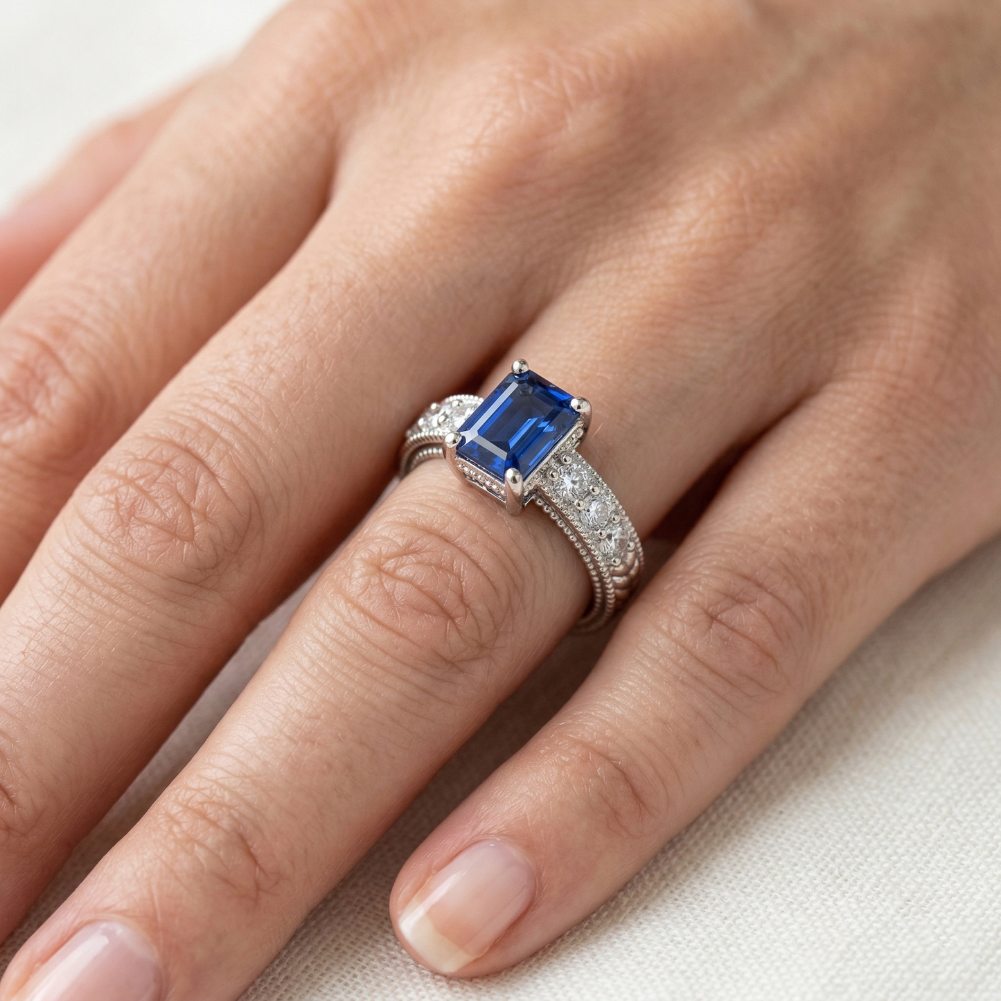 Emerald And Round Cut 2.10 Ct Sri Lanka Sapphire Natural Earth Mined Diamonds Ring Gold