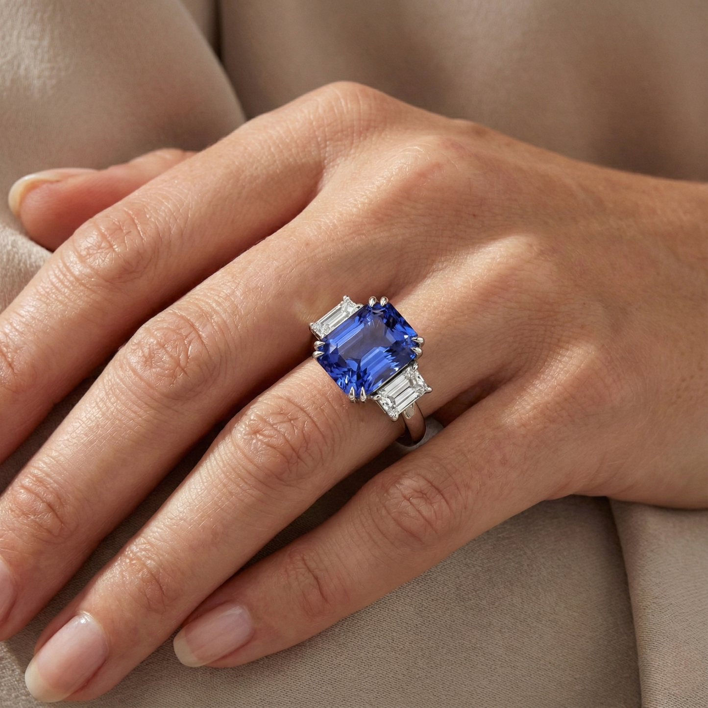 Emerald Natural Earth Mined Diamond Jewelry 3 Stone Ring Radiant Sapphire 5.50 Carats