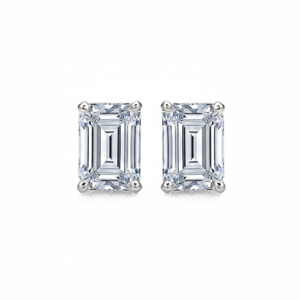 Emerald Cut Natural Real ( Not Lab Grown ) GIA Certified Diamond Women Stud Earrings White Gold 2 Carats