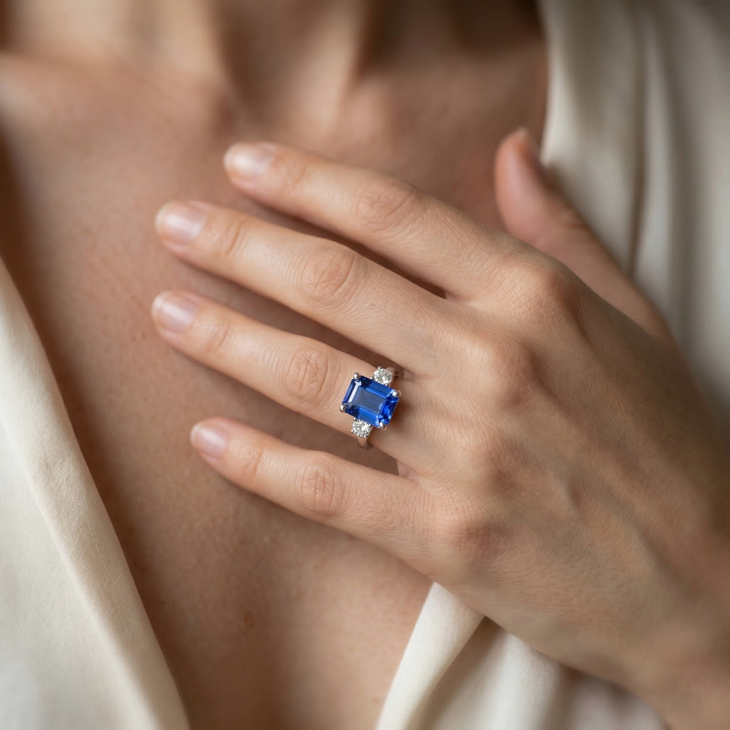 Emerald & Round Cut 3 Ct Ceylon Sapphire Natural Earth Mined Diamonds Ring White Gold 14K