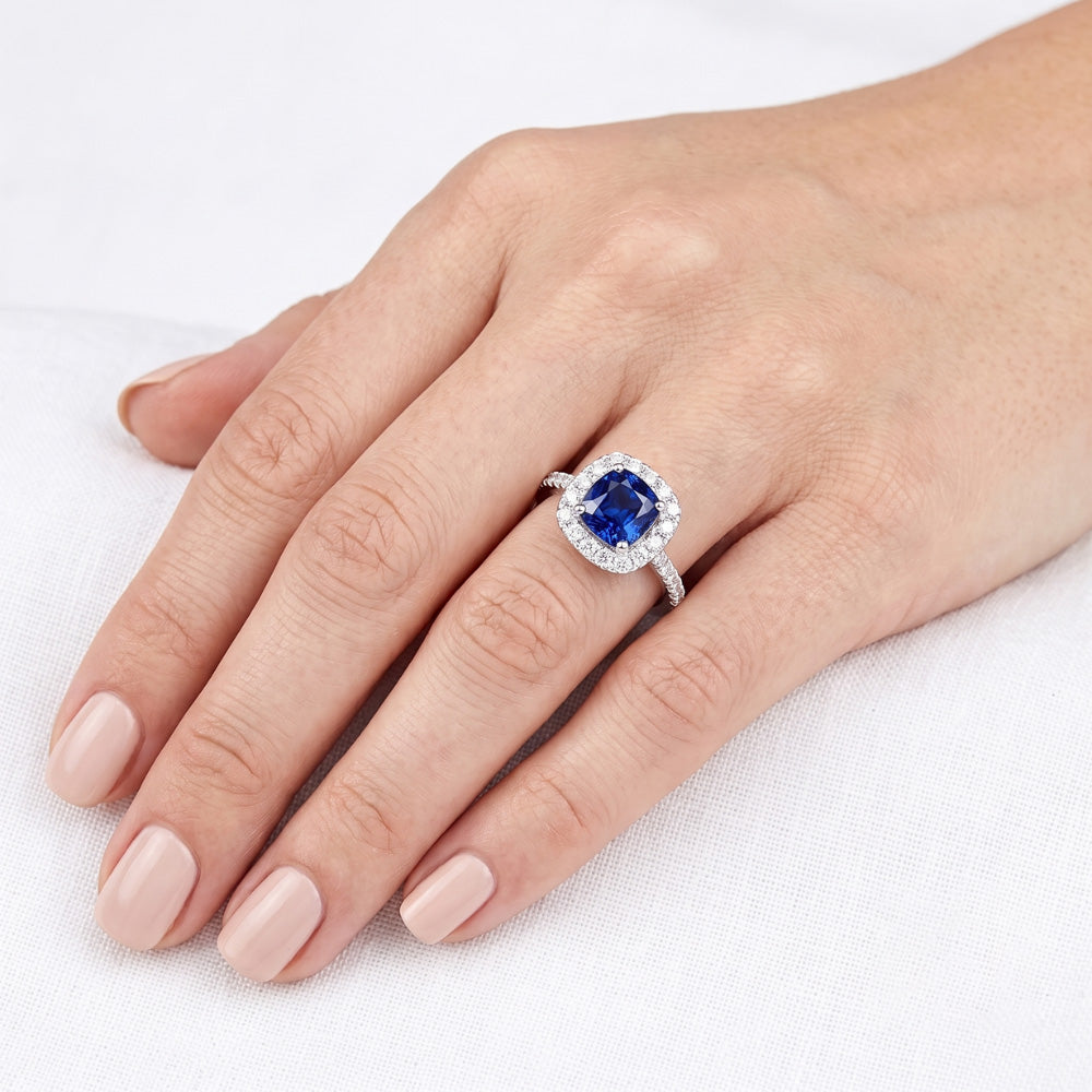 Engagement Halo Cushion Sapphire Ring 2.50 Carats Natural Earth Mined Diamond 14K Gold
