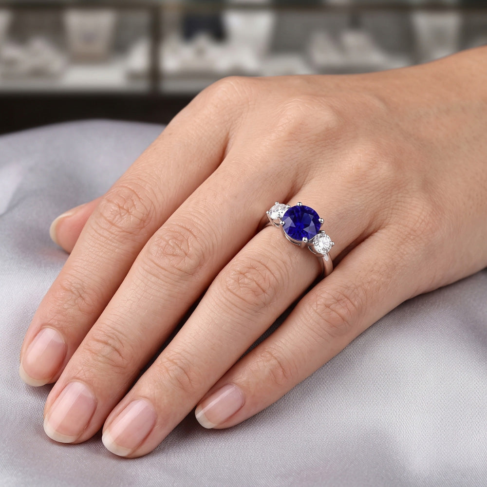 Engagement Three Stone Ring Round Blue Sapphire 2.50 Carats Natural Earth Mined Diamonds