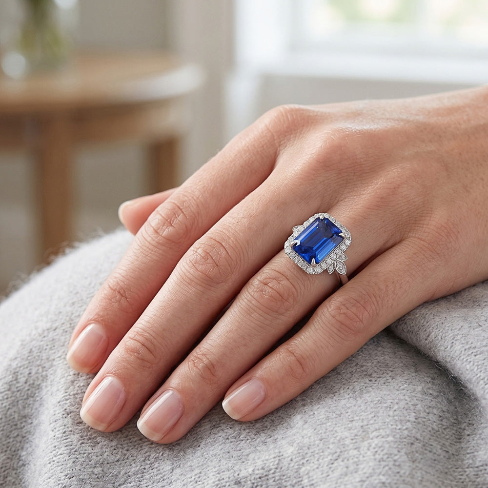 Flower Style Ring Emerald Ceylon Sapphire & Natural Earth Mined Diamond 4.25 Carats